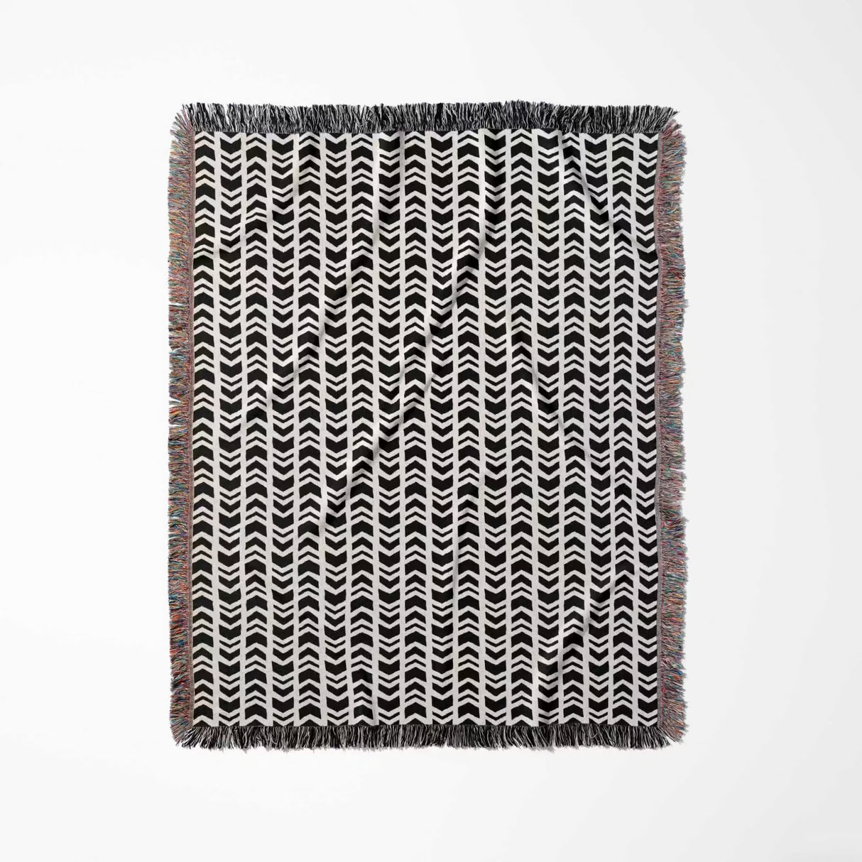Black and white retro arrow lines woven blanket throw tapestry full view with wavy pattern on a white background