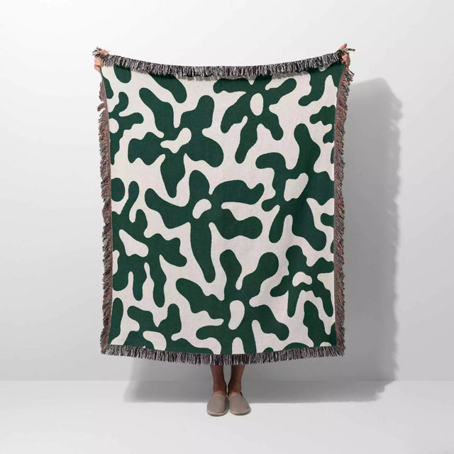 Retro Groovy Forest Green Flowers Woven Throw Blanket and Tapestry - DesignerOllie.com