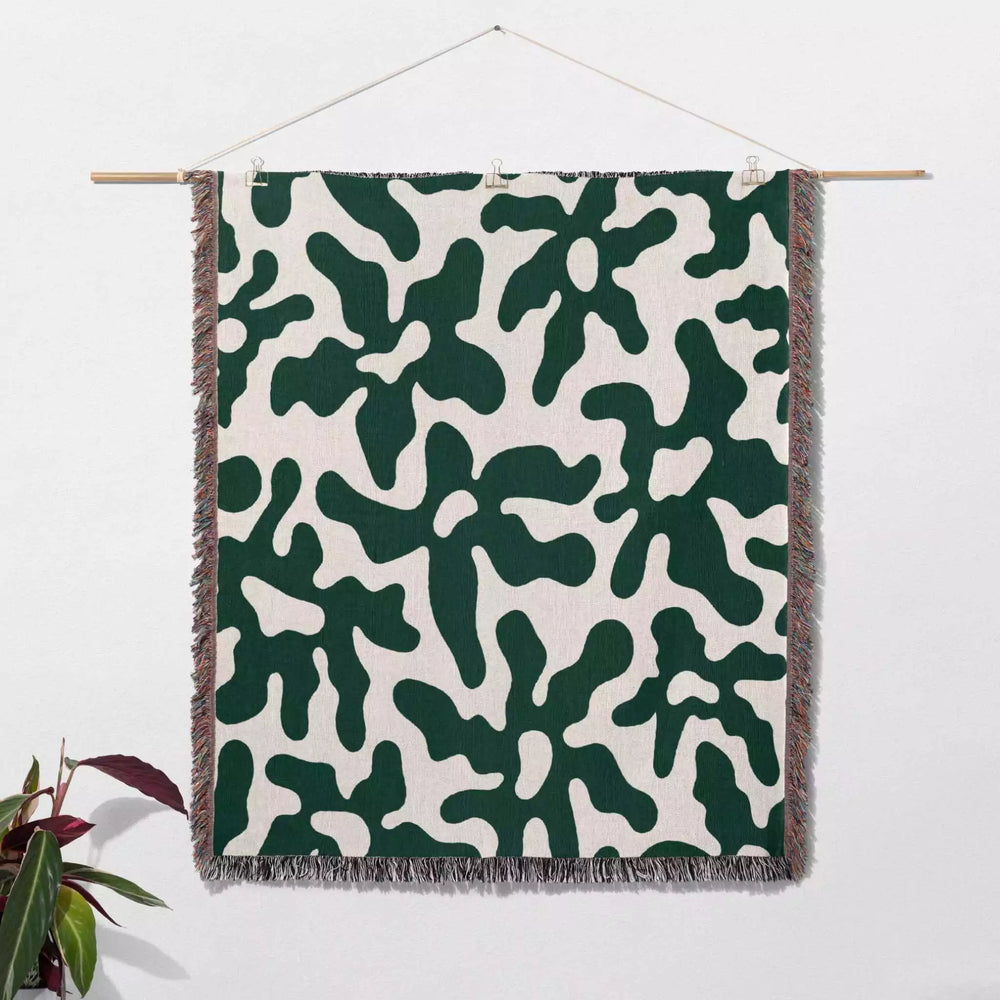 Retro Groovy Forest Green Flowers Woven Throw Blanket and Tapestry - DesignerOllie.com