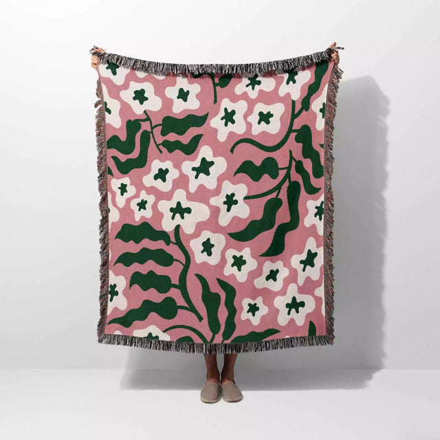 Retro Groovy Forest Green and Light Red Woven Throw Blanket and Tapestry - DesignerOllie.com