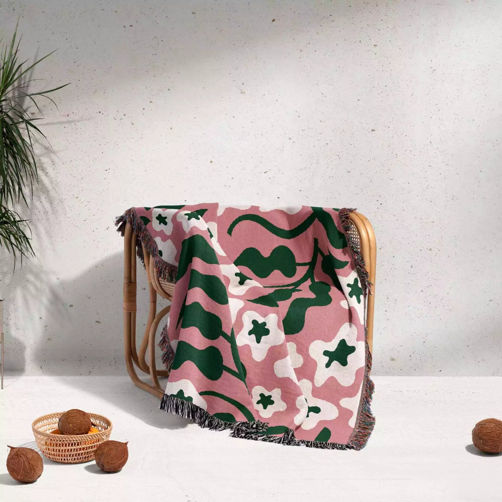 Retro Groovy Forest Green and Light Red Woven Throw Blanket and Tapestry - DesignerOllie.com