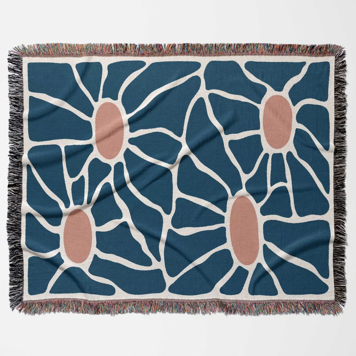 Floral retro style Matisse inspired tapestry throw blanket for couch with blue and red flowers on a white background
