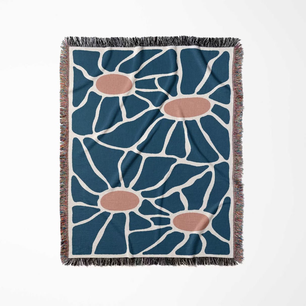 Floral retro style Matisse inspired tapestry throw blanket for couch with blue and red flowers on a white background