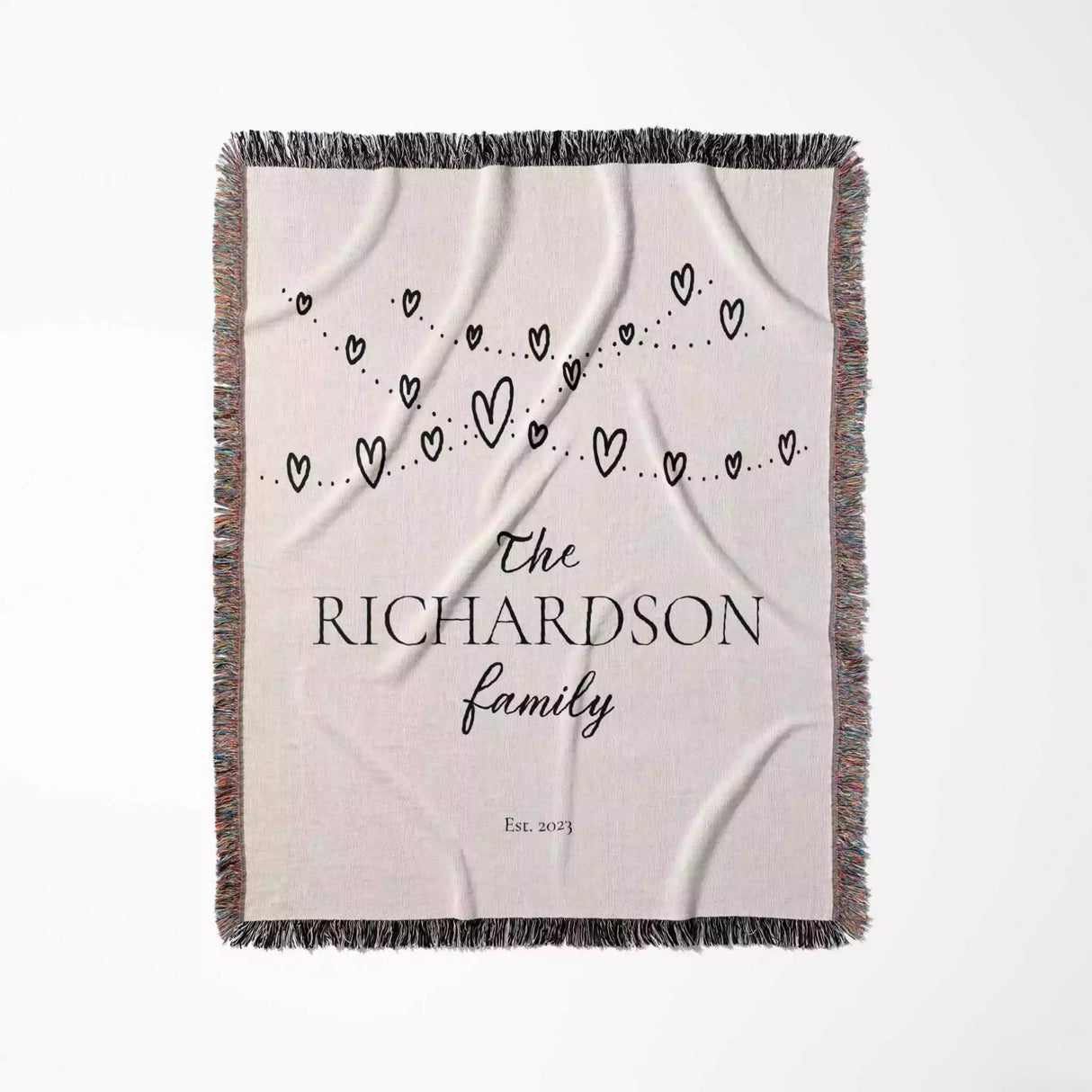 Romantic anniversary custom name blanket with 'The Richardson family' text and heart designs full product view on a light background