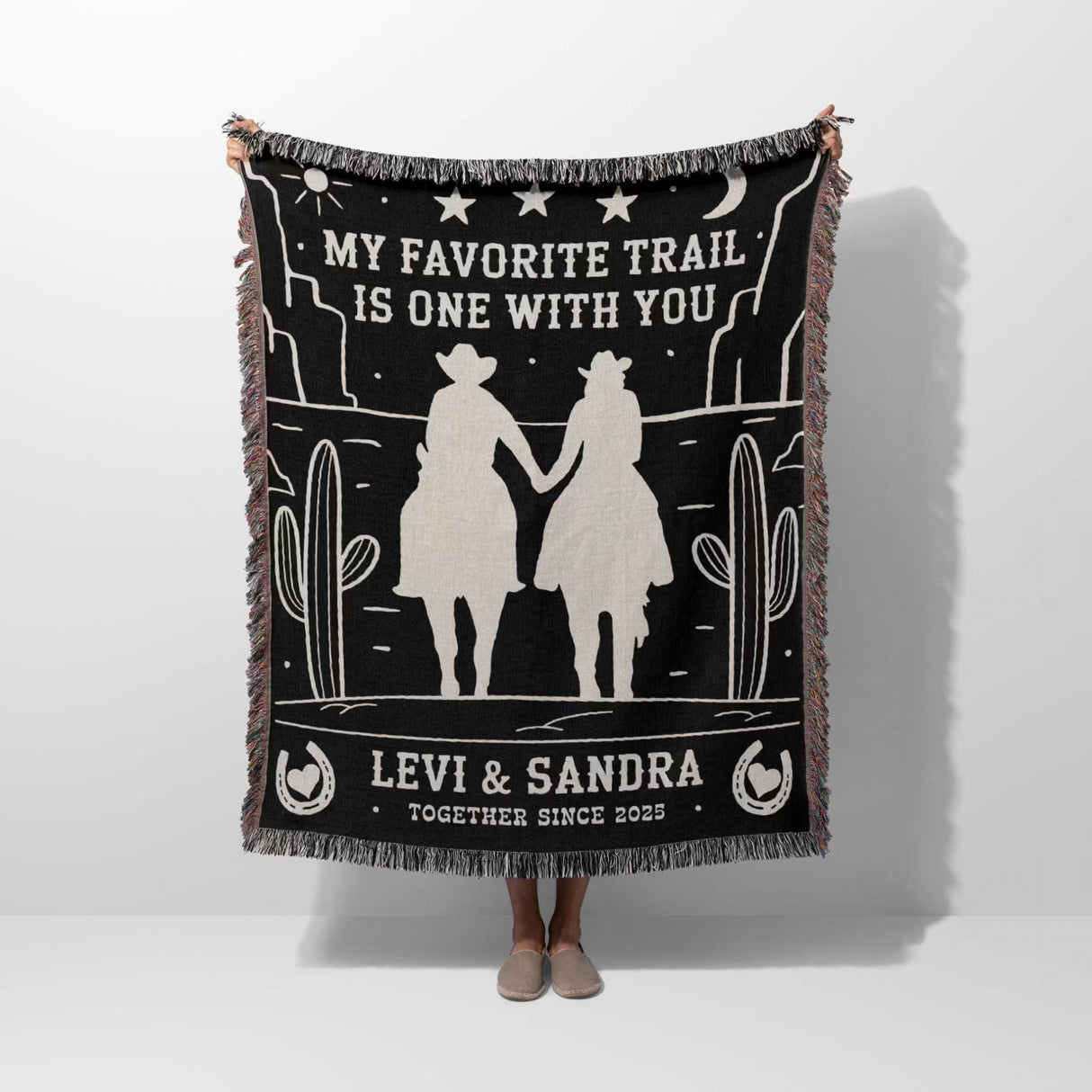 Romantic cowboy and cowgirl 2nd anniversary gift woven throw blanket with western design, text 'My Favorite Trail is One with You' and personalized names and year.