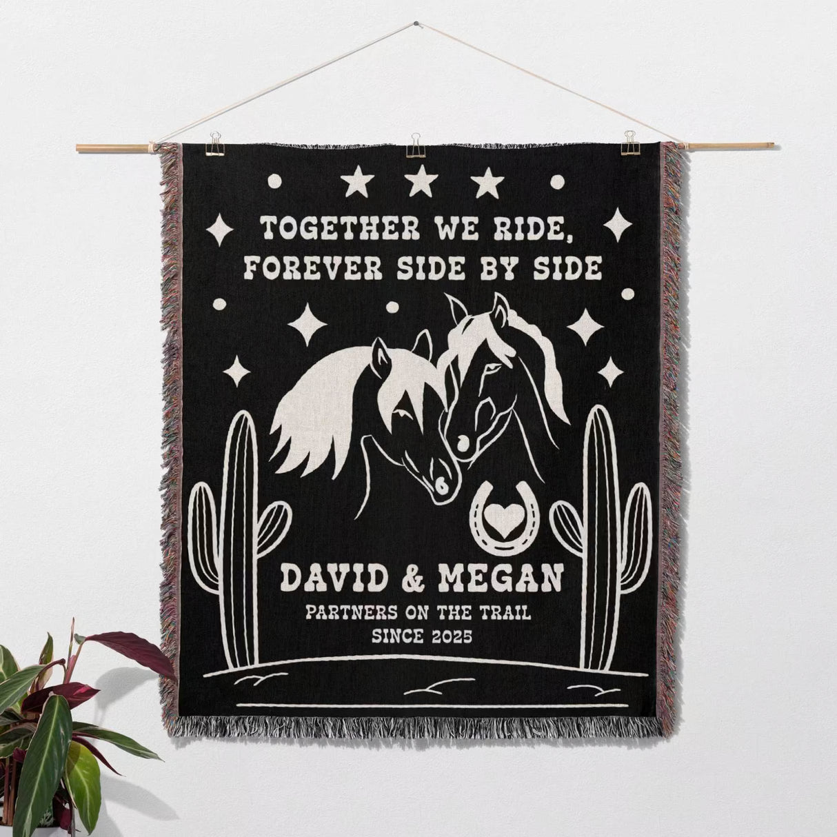 Romantic western 2nd anniversary gift - woven throw blanket with horse design and personalized text as a wall hanging on a white background