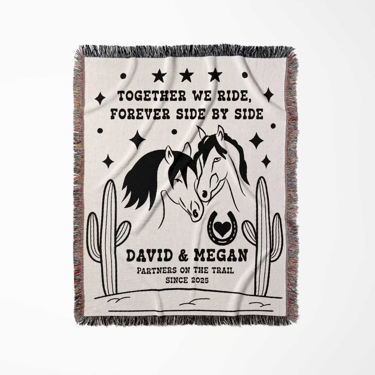 Romantic western cotton anniversary gift - woven throw blanket full view with horse design, text, and cacti on a white background