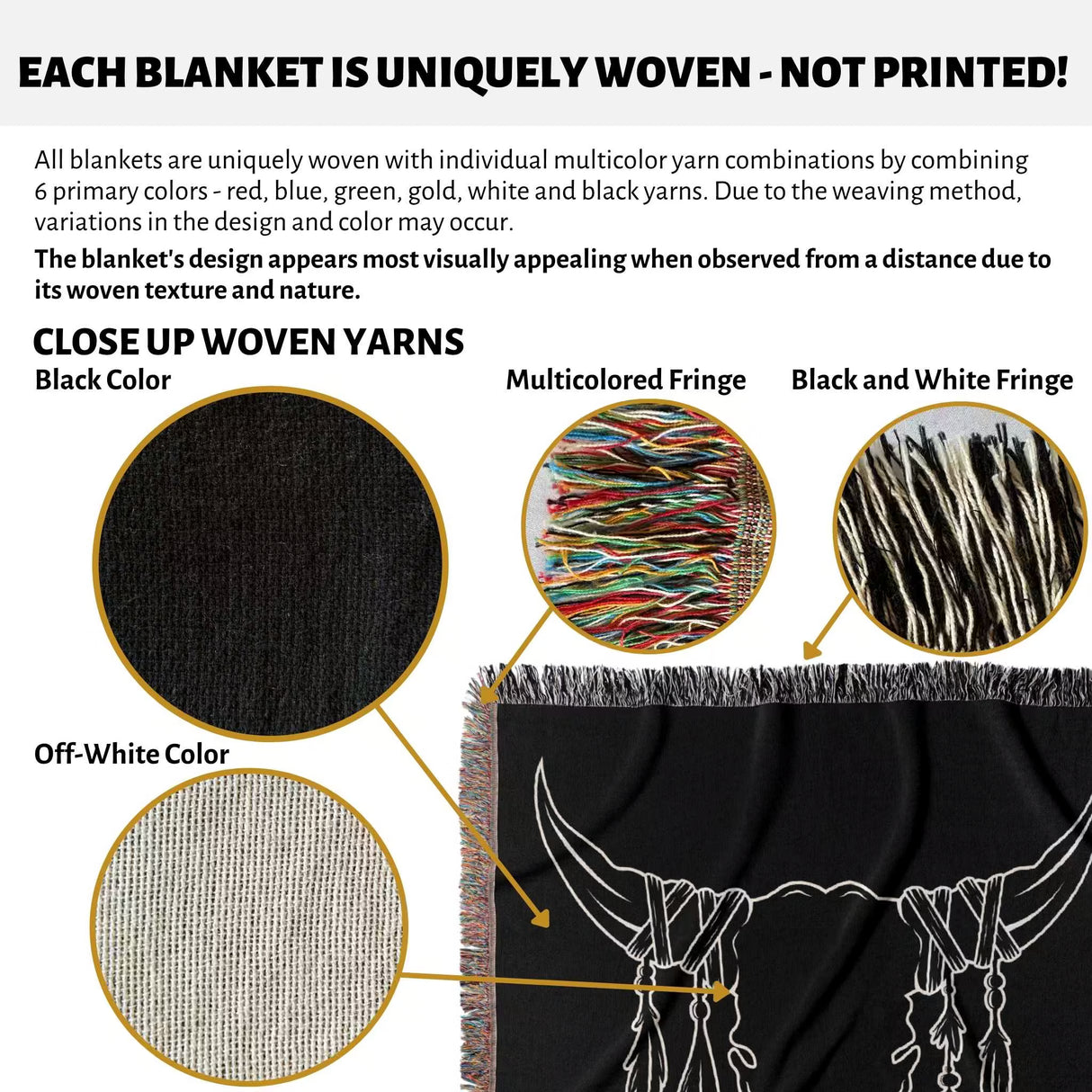 Product description of rustic bull skull 2nd anniversary gift woven throw blanket with close-up details and color options.