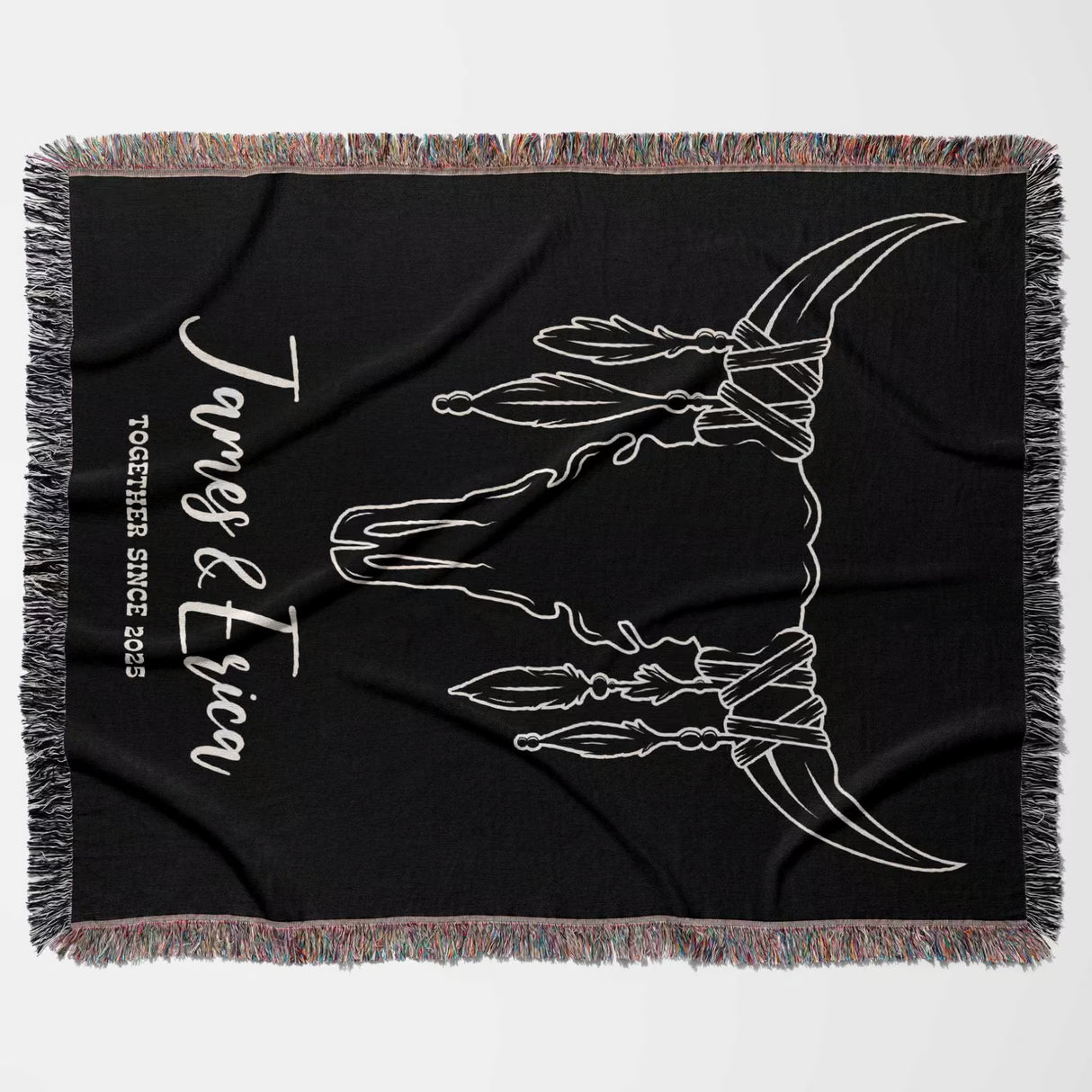 Rustic bull skull 2nd anniversary gift woven throw blanket flat lay on a white background.