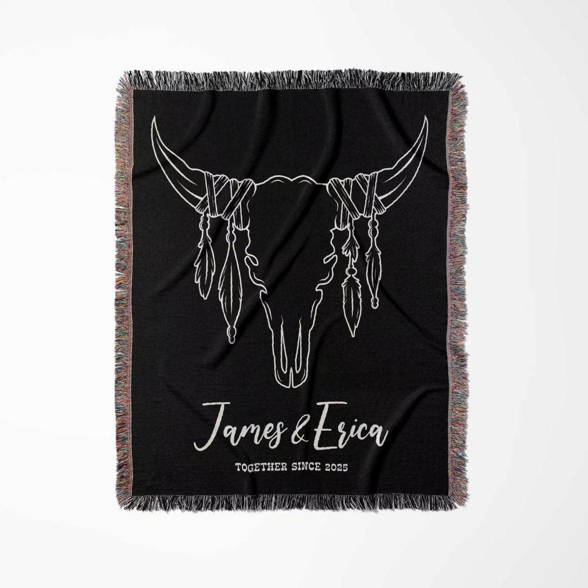 Rustic bull skull 2nd anniversary gift woven throw blanket full view with white bull skull design and text 'James & Erica Together Since 2023' on a white background