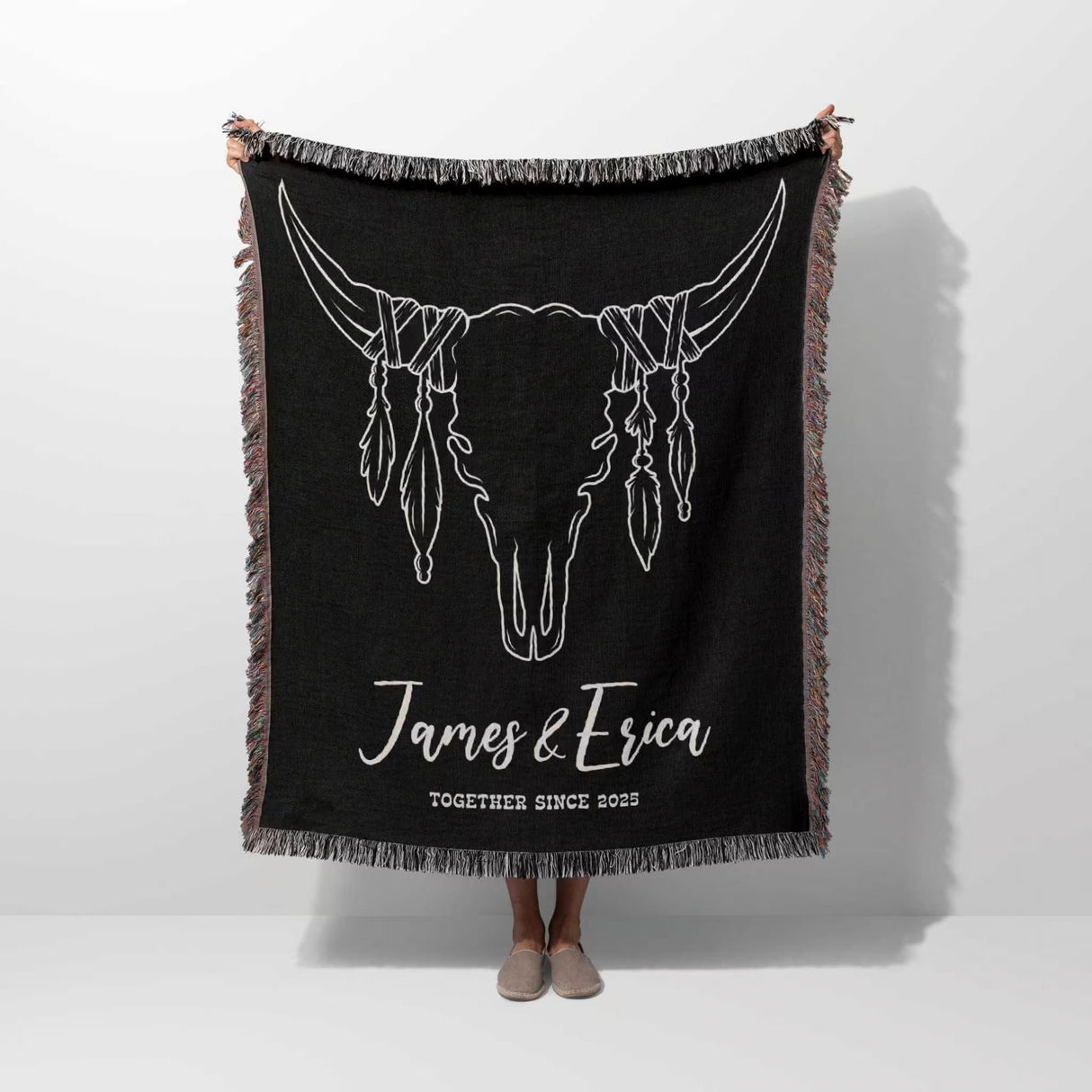 Rustic bull skull 2nd anniversary gift woven throw blanket with bull skull design and text 'James & Erica Together Since 2023' on a white background