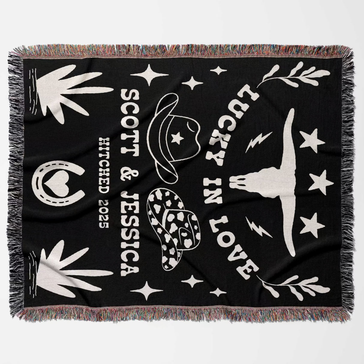 Rustic western 2nd anniversary gift woven throw blanket flat lay with white text and graphics, including 'Scott & Jessica', 'Hitched 2025', and decorative elements.