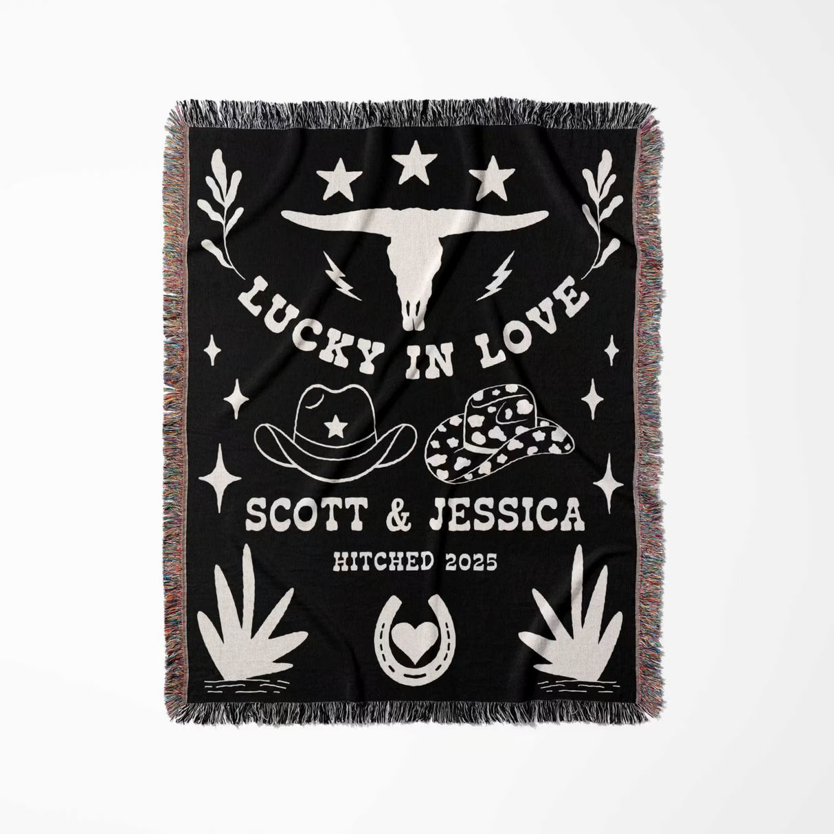 Rustic western 2nd anniversary gift woven throw blanket full view with white designs and text on a white background