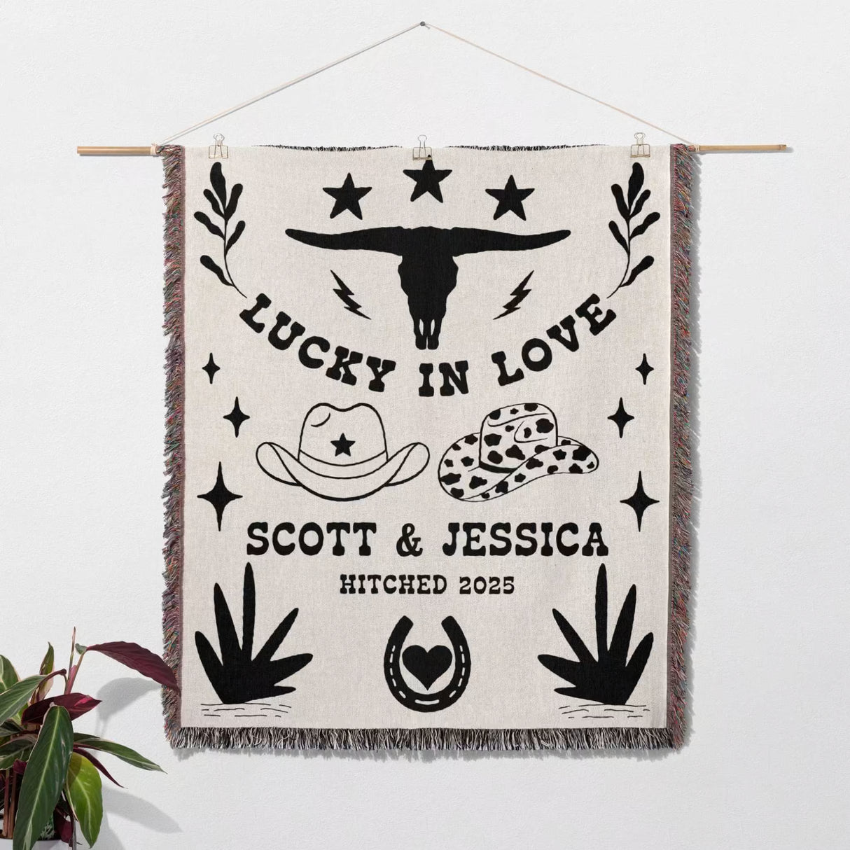 Rustic western cotton anniversary gift woven throw blanket wall hanging with cowboy-themed design and text on a white background