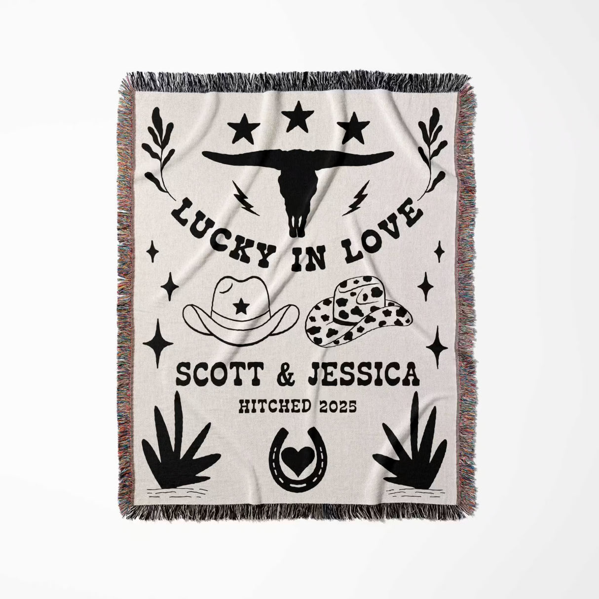 Rustic western cotton anniversary gift woven throw blanket full view with cowboy-themed design and text on a white background