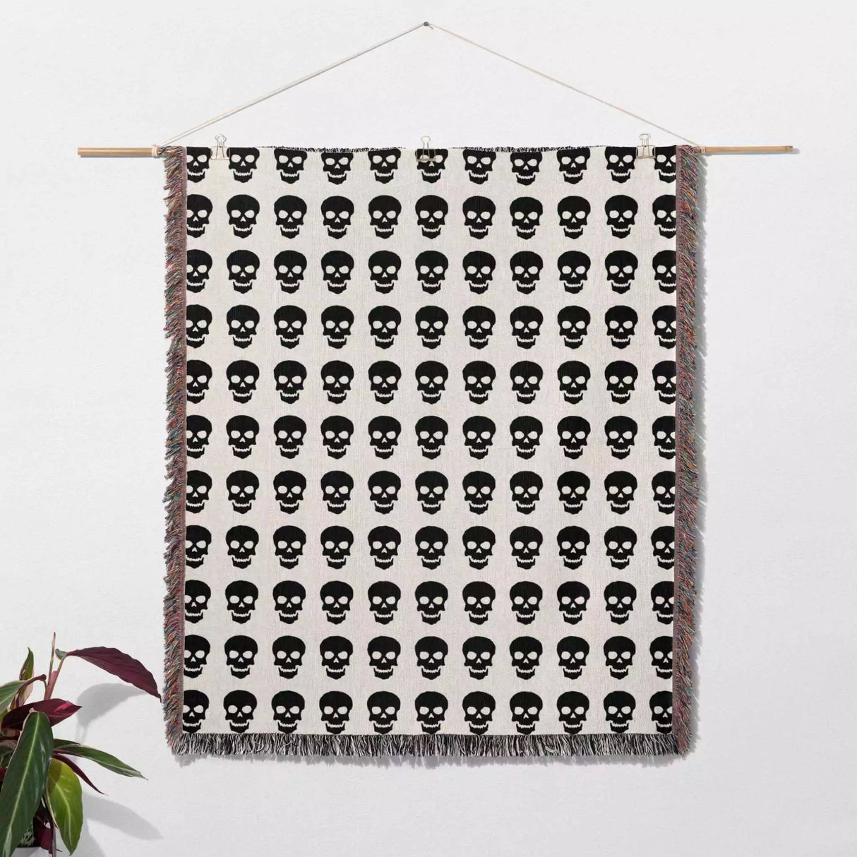 Simple Goth Skull Pattern Black and White Woven Throw Blanket and Tapestry - DesignerOllie.com