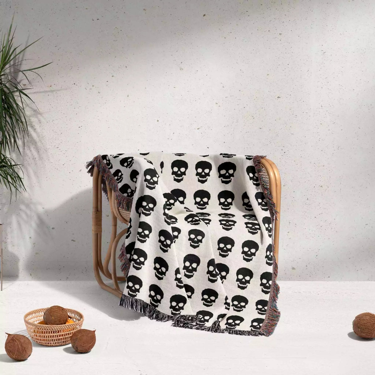 Simple Goth Skull Pattern Black and White Woven Throw Blanket and Tapestry - DesignerOllie.com