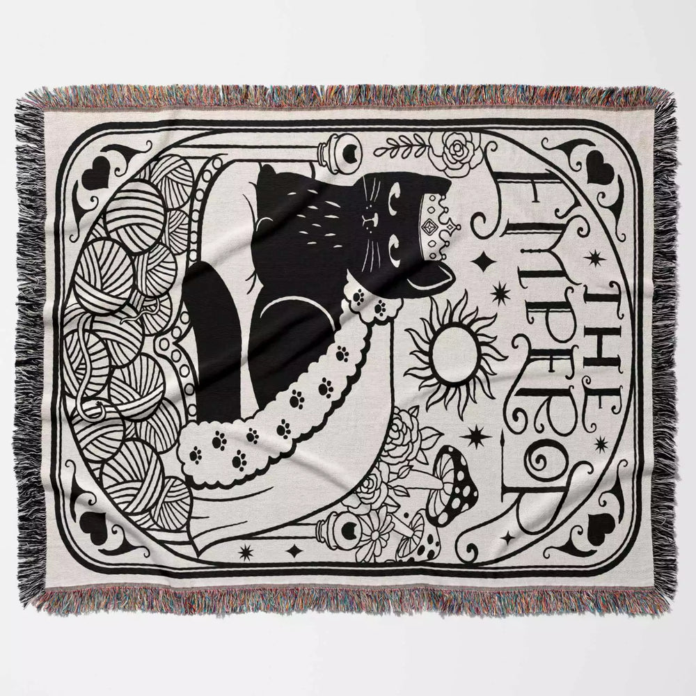 Tarot Card Black Cat The Emperor Black and White Woven Throw Blanket and Tapestry - DesignerOllie.com