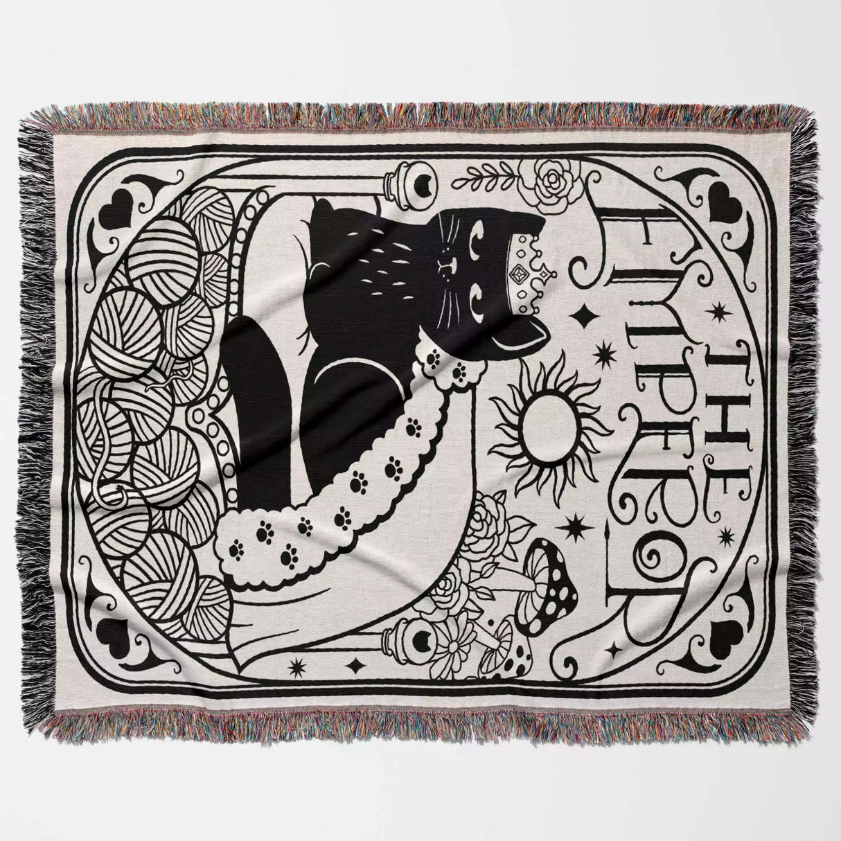 Tarot Card Black Cat The Emperor Black and White Woven Throw Blanket and Tapestry - DesignerOllie.com
