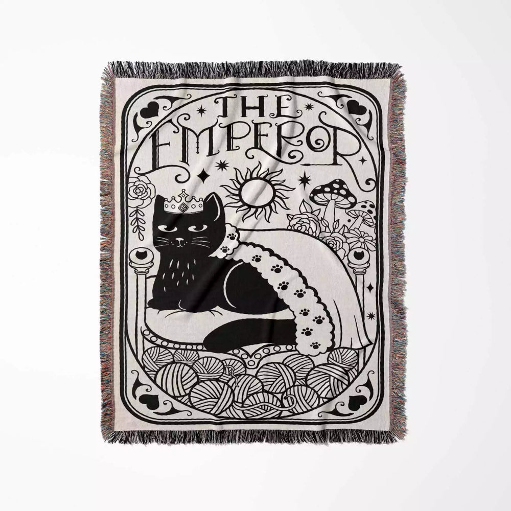 Tarot Card Black Cat The Emperor Black and White Woven Throw Blanket and Tapestry - DesignerOllie.com