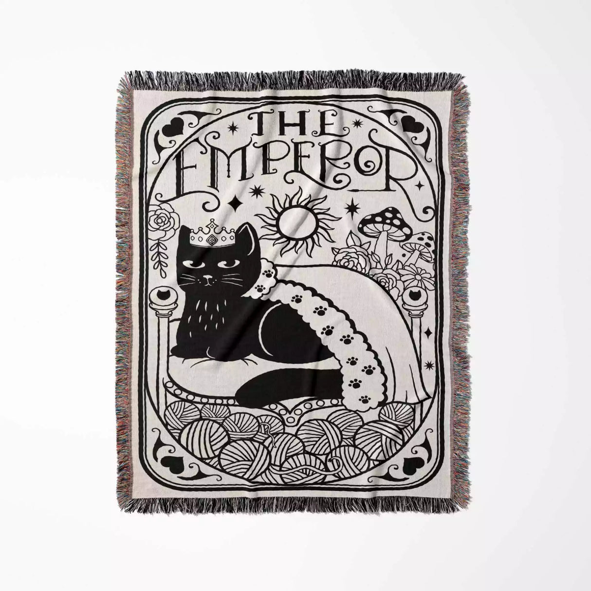 Tarot Card Black Cat The Emperor Black and White Woven Throw Blanket and Tapestry - DesignerOllie.com