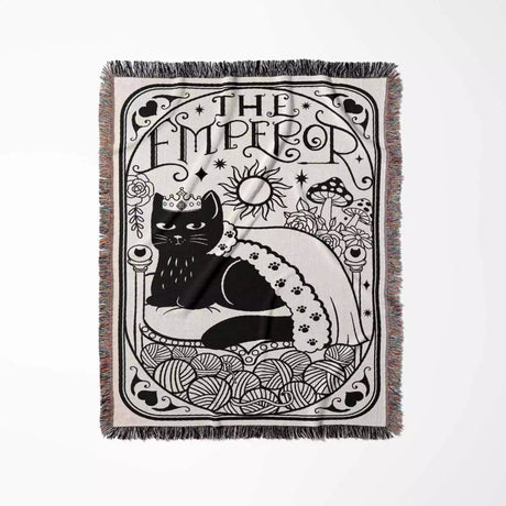 Tarot Card Black Cat The Emperor Black and White Woven Throw Blanket and Tapestry - DesignerOllie.com