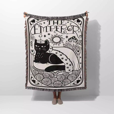 Tarot Card Black Cat The Emperor Black and White Woven Throw Blanket and Tapestry - DesignerOllie.com