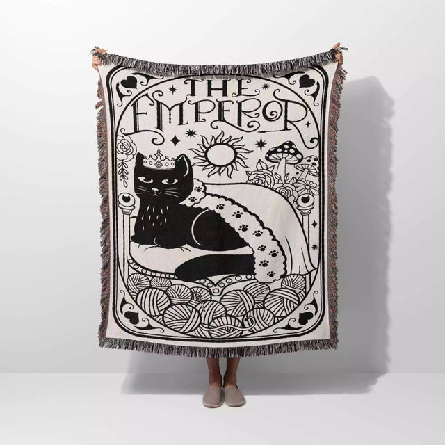 Tarot Card Black Cat The Emperor Black and White Woven Throw Blanket and Tapestry - DesignerOllie.com
