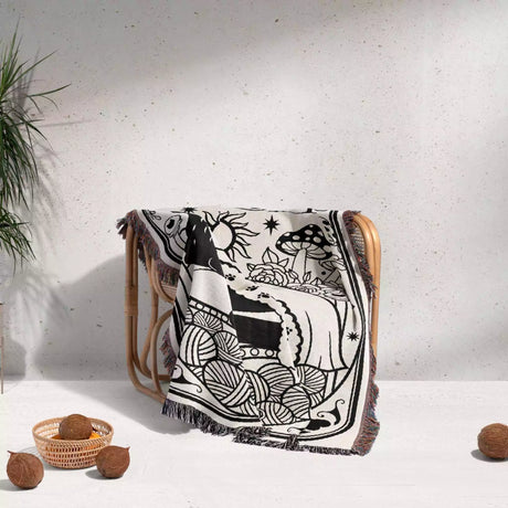 Tarot Card Black Cat The Emperor Black and White Woven Throw Blanket and Tapestry - DesignerOllie.com