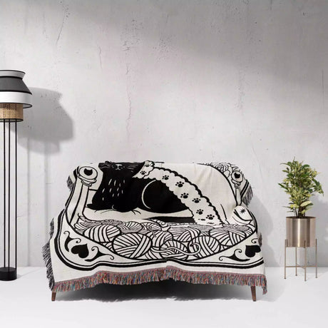 Tarot Card Black Cat The Emperor Black and White Woven Throw Blanket and Tapestry - DesignerOllie.com