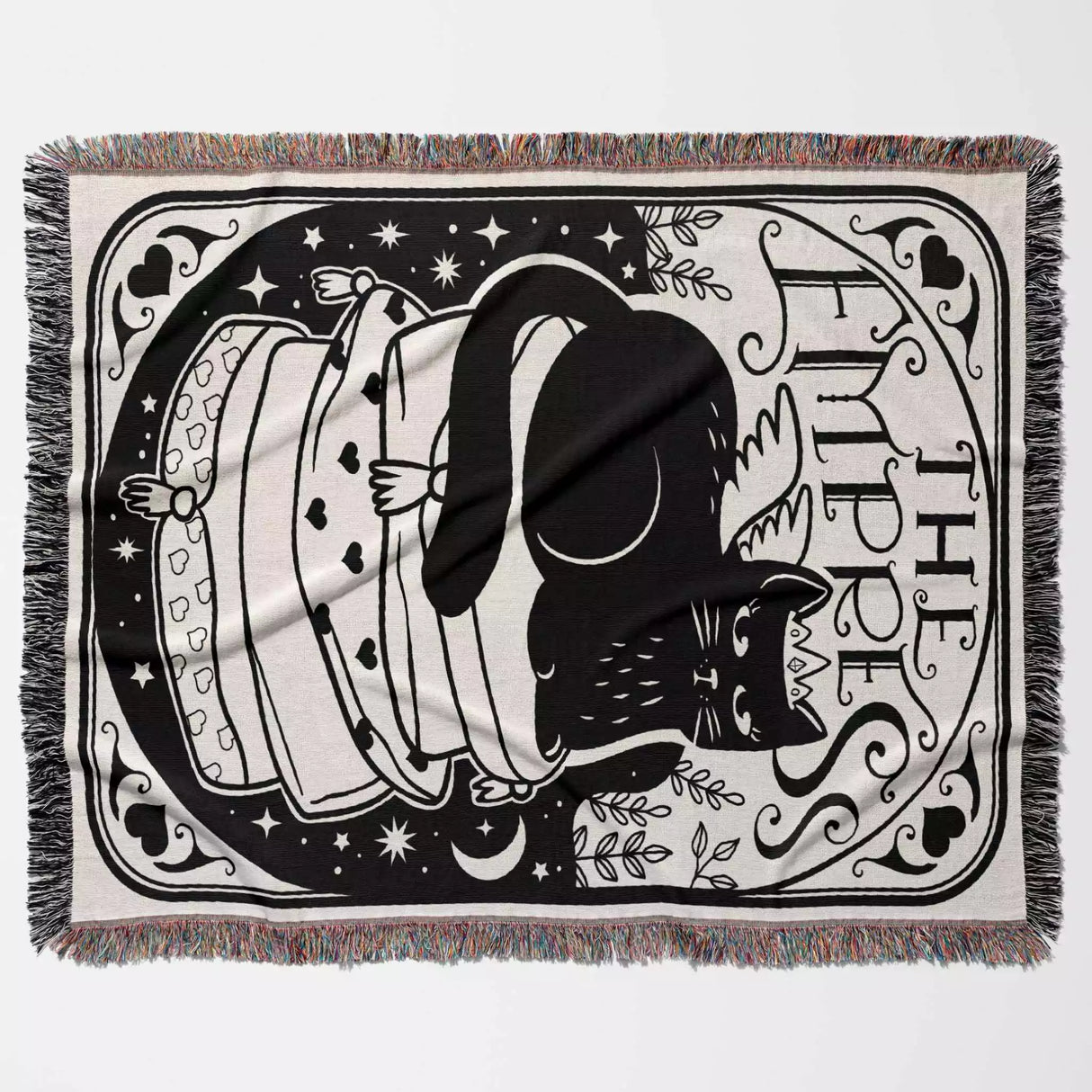 Tarot Card Black Cat The Empress Black and White Woven Throw Blanket and Tapestry - DesignerOllie.com