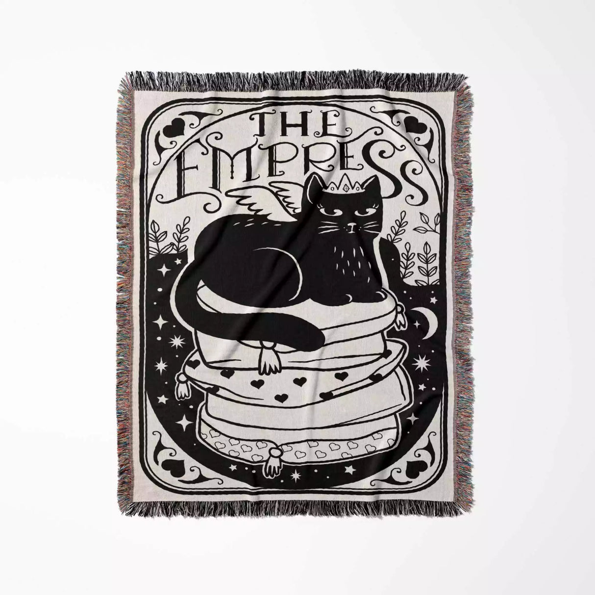 Tarot Card Black Cat The Empress Black and White Woven Throw Blanket and Tapestry - DesignerOllie.com