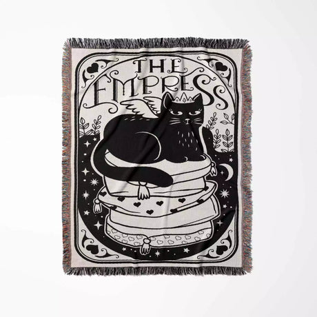 Tarot Card Black Cat The Empress Black and White Woven Throw Blanket and Tapestry - DesignerOllie.com
