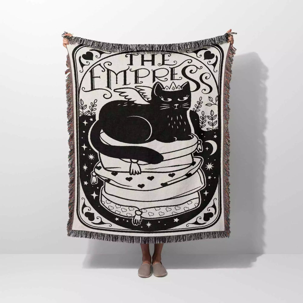 Tarot Card Black Cat The Empress Black and White Woven Throw Blanket and Tapestry - DesignerOllie.com