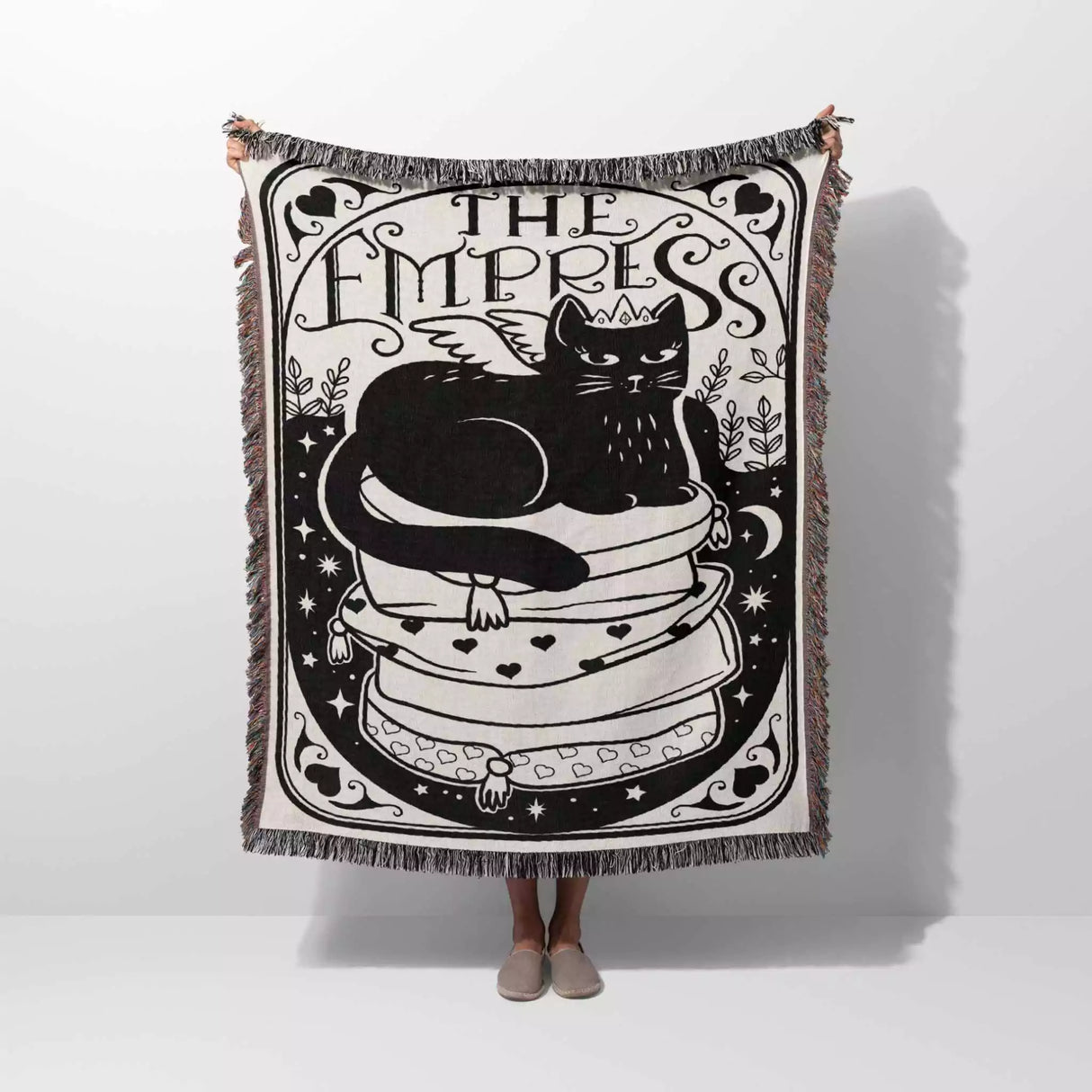 Tarot Card Black Cat The Empress Black and White Woven Throw Blanket and Tapestry - DesignerOllie.com