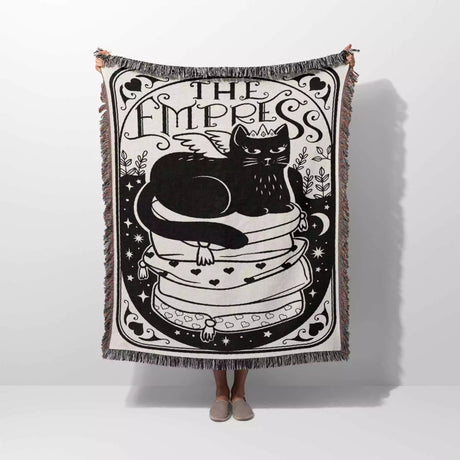 Tarot Card Black Cat The Empress Black and White Woven Throw Blanket and Tapestry - DesignerOllie.com
