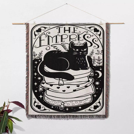 Tarot Card Black Cat The Empress Black and White Woven Throw Blanket and Tapestry - DesignerOllie.com