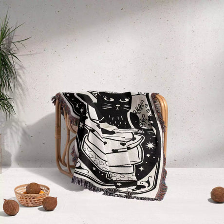 Tarot Card Black Cat The Empress Black and White Woven Throw Blanket and Tapestry - DesignerOllie.com