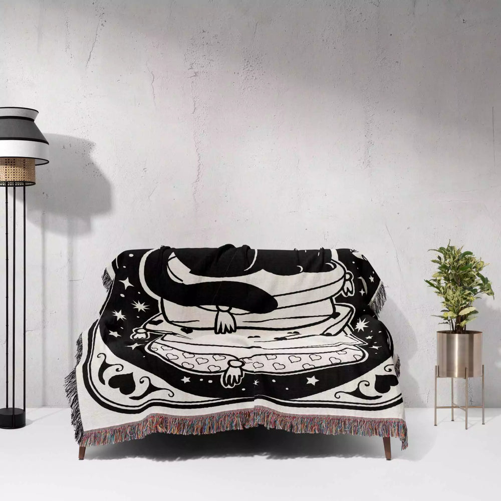 Tarot Card Black Cat The Empress Black and White Woven Throw Blanket and Tapestry - DesignerOllie.com