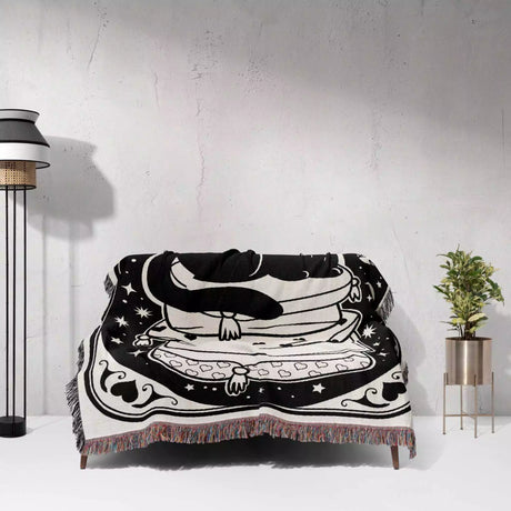 Tarot Card Black Cat The Empress Black and White Woven Throw Blanket and Tapestry - DesignerOllie.com