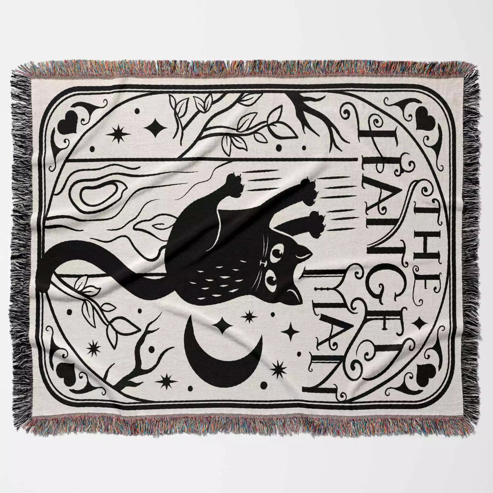 Tarot Card Black Cat The Hanged Man Black and White Woven Throw Blanket and Tapestry - DesignerOllie.com