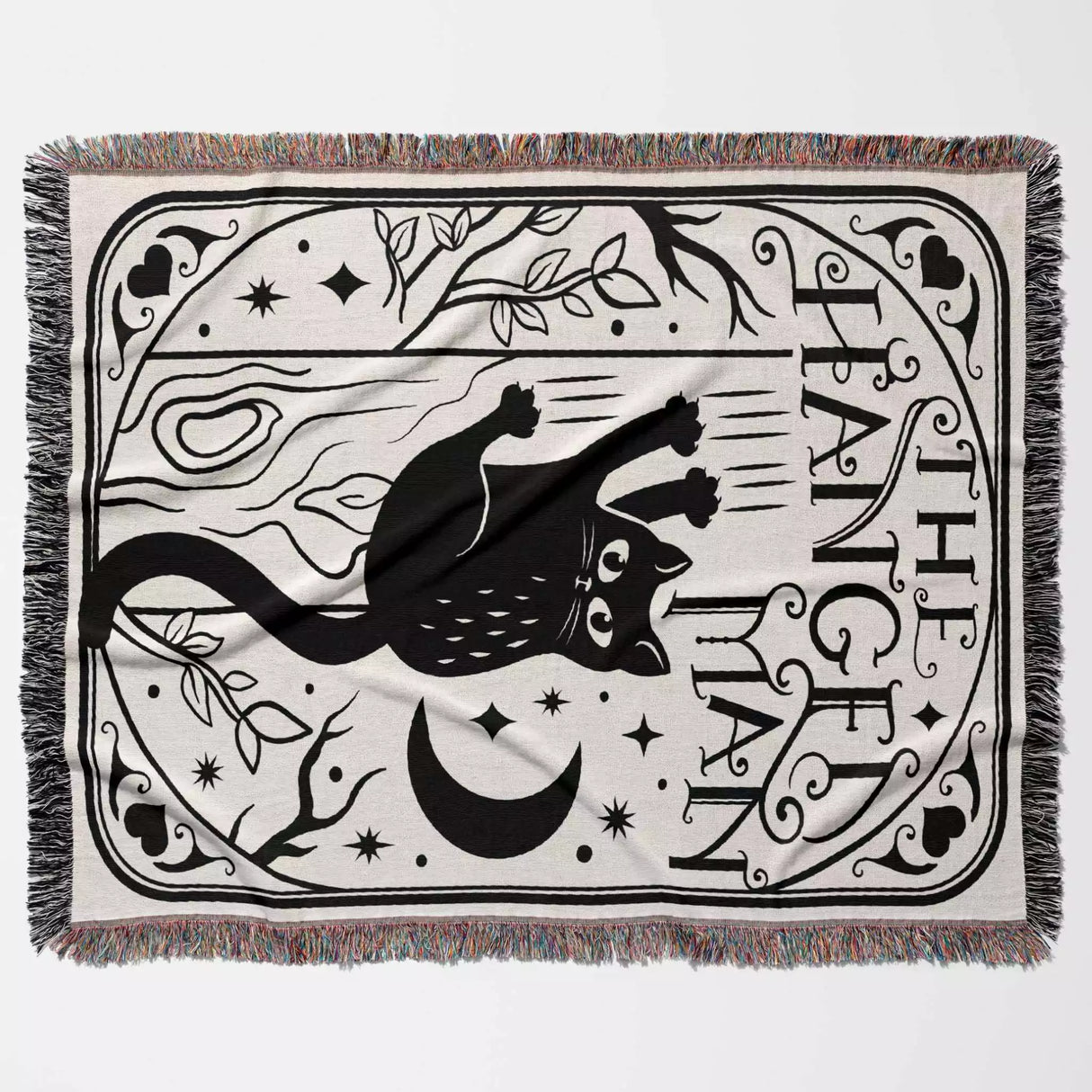 Tarot Card Black Cat The Hanged Man Black and White Woven Throw Blanket and Tapestry - DesignerOllie.com
