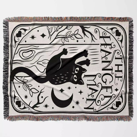 Tarot Card Black Cat The Hanged Man Black and White Woven Throw Blanket and Tapestry - DesignerOllie.com