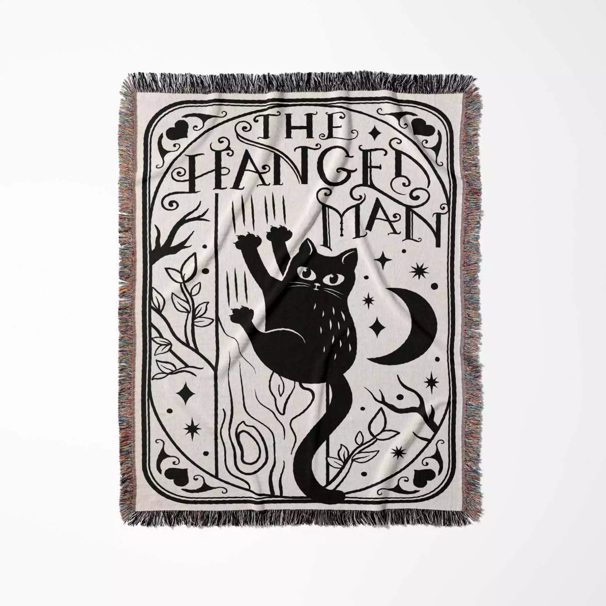 Tarot Card Black Cat The Hanged Man Black and White Woven Throw Blanket and Tapestry - DesignerOllie.com