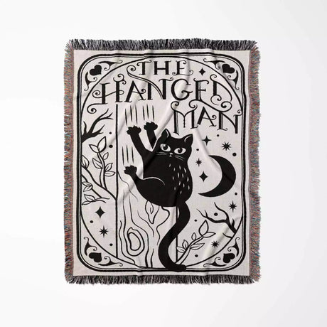 Tarot Card Black Cat The Hanged Man Black and White Woven Throw Blanket and Tapestry - DesignerOllie.com