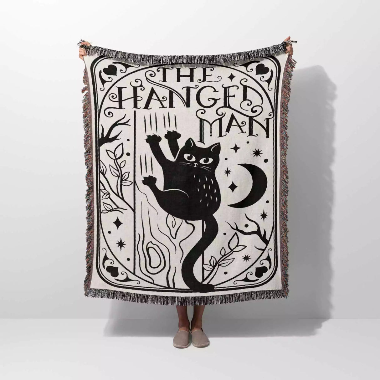 Tarot Card Black Cat The Hanged Man Black and White Woven Throw Blanket and Tapestry - DesignerOllie.com