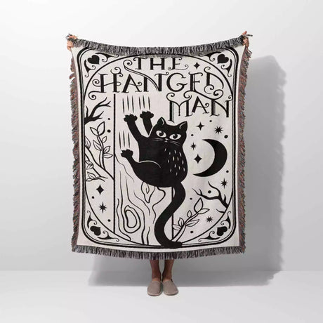 Tarot Card Black Cat The Hanged Man Black and White Woven Throw Blanket and Tapestry - DesignerOllie.com