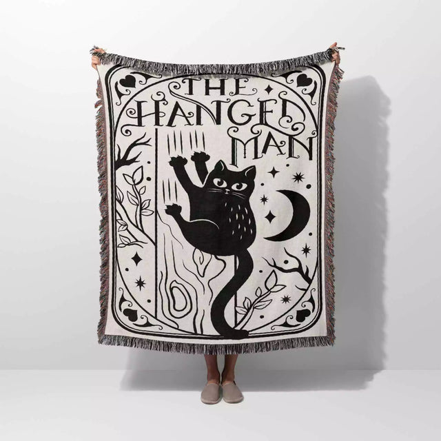 Tarot Card Black Cat The Hanged Man Black and White Woven Throw Blanket and Tapestry - DesignerOllie.com