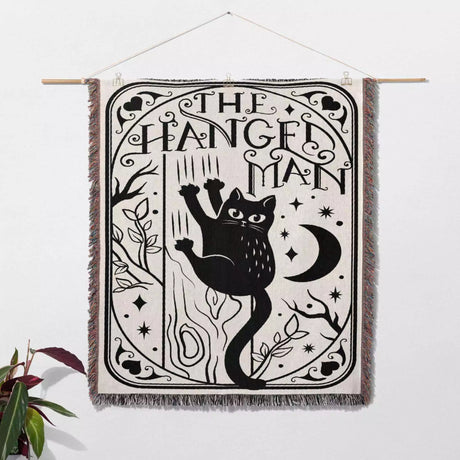 Tarot Card Black Cat The Hanged Man Black and White Woven Throw Blanket and Tapestry - DesignerOllie.com