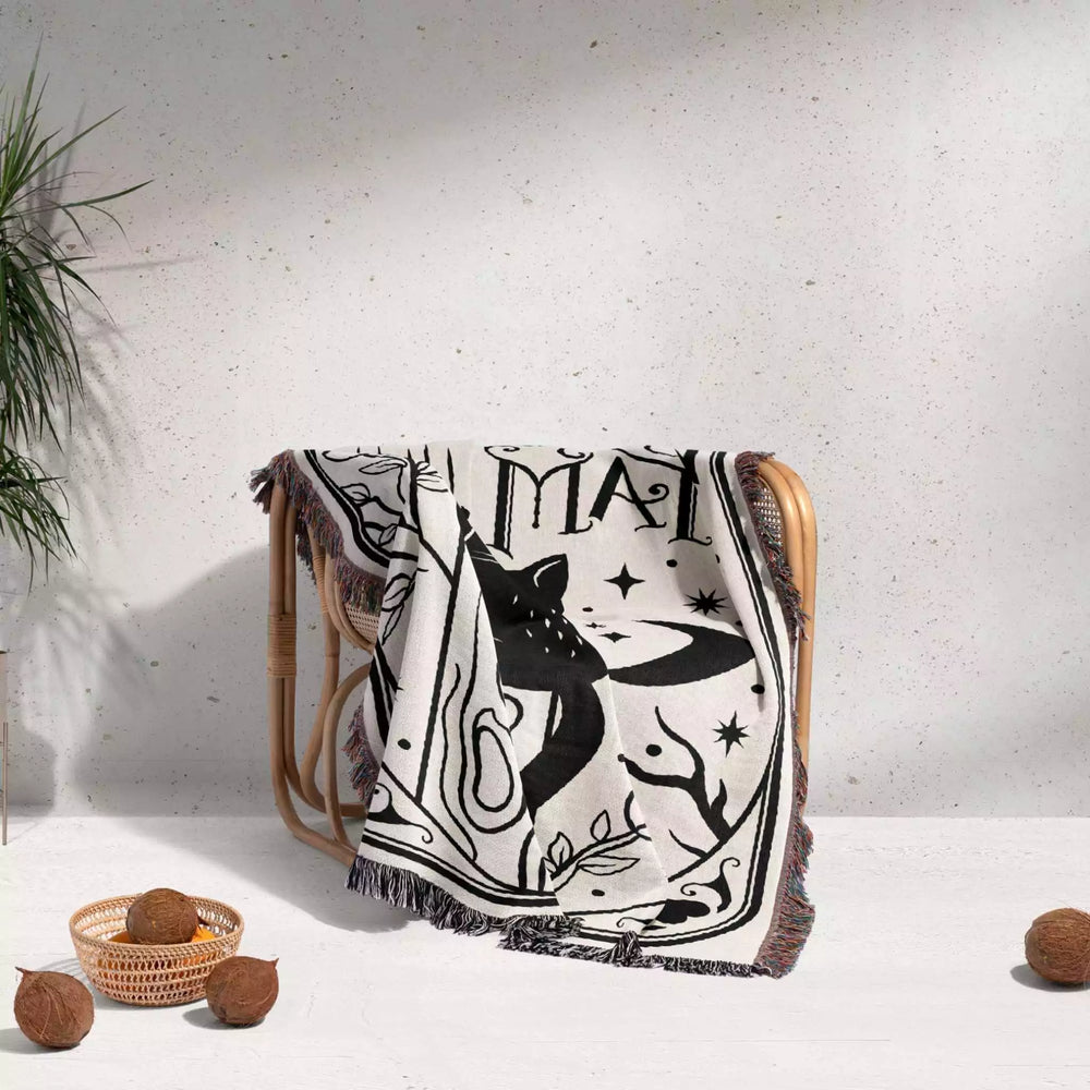 Tarot Card Black Cat The Hanged Man Black and White Woven Throw Blanket and Tapestry - DesignerOllie.com